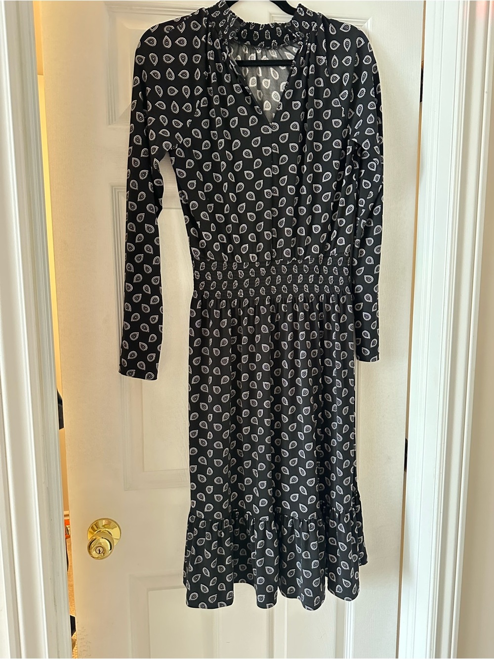 Michael Kors Black and White Printed Long-Sleeve Midi Dress
